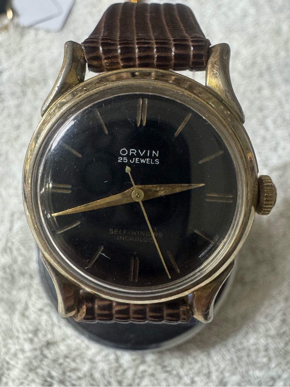 Men’s Black Dial Self-Winding Watch with Brown Strap